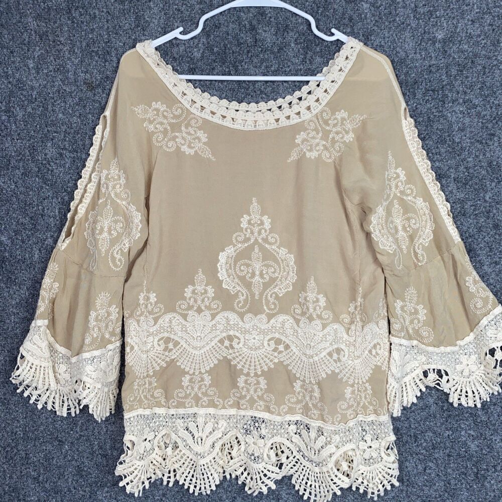 Solitare Shirt Womens Size M Beige Crochet Embroidery Boho Hippie Artsy